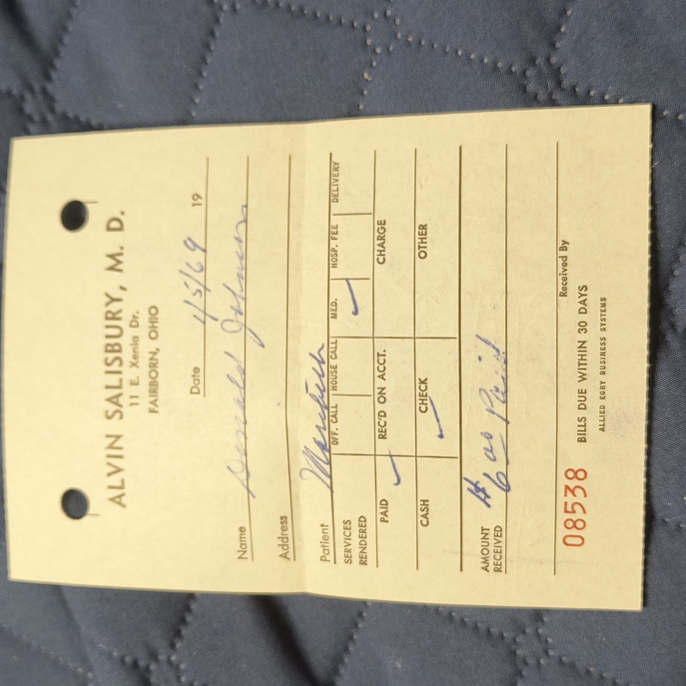 Vintage Doctor's Receipt 1969